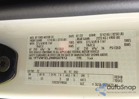 2022 Ford F-150 Lightning Xlt z USA, uszkodzony, nr VIN 1FTVW1EL2NWG07812